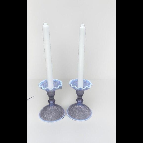 Other - 2 Westmoreland Glass Lilac Opalescent Bramble Leaf Pattern Candlesticks Purple